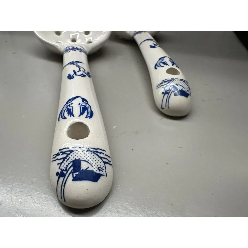 (2) Two Handmade Ceramic Slotted Rice 7” Rice Serving Spoons